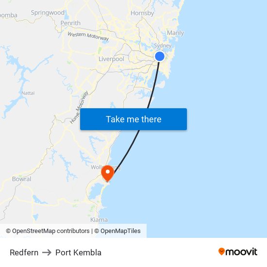 Redfern to Port Kembla map