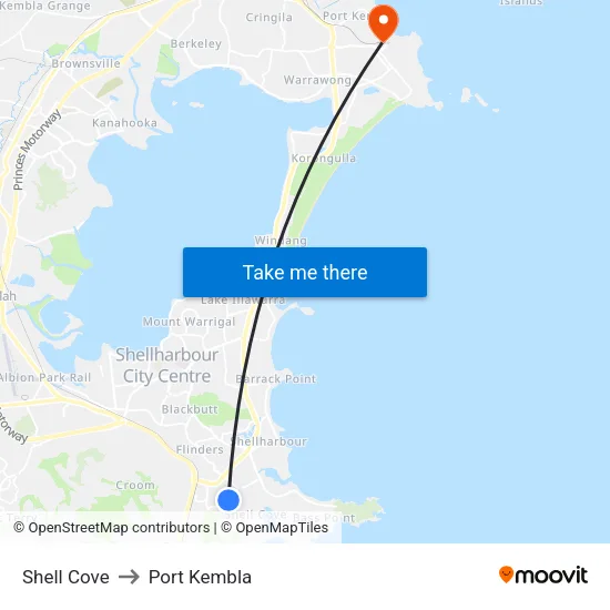 Shell Cove to Port Kembla map