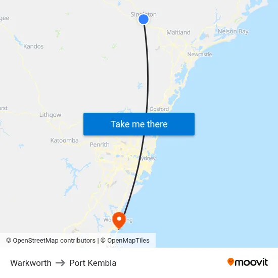 Warkworth to Port Kembla map