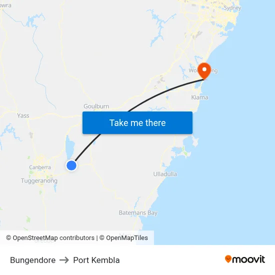 Bungendore to Port Kembla map