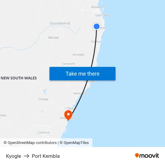 Kyogle to Port Kembla map