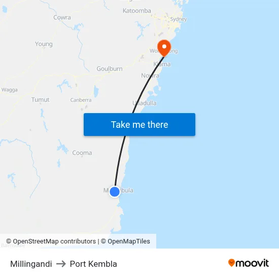 Millingandi to Port Kembla map