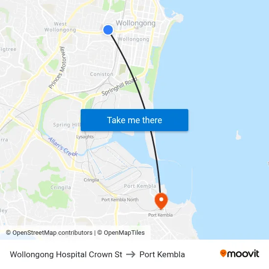 Wollongong Hospital Crown St to Port Kembla map