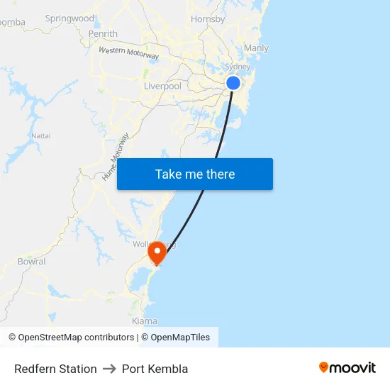 Redfern Station to Port Kembla map