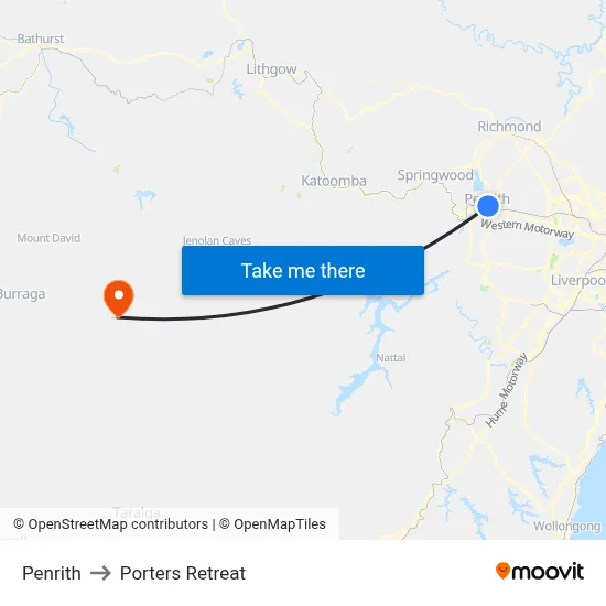 Penrith to Porters Retreat map