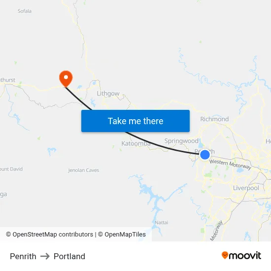 Penrith to Portland map