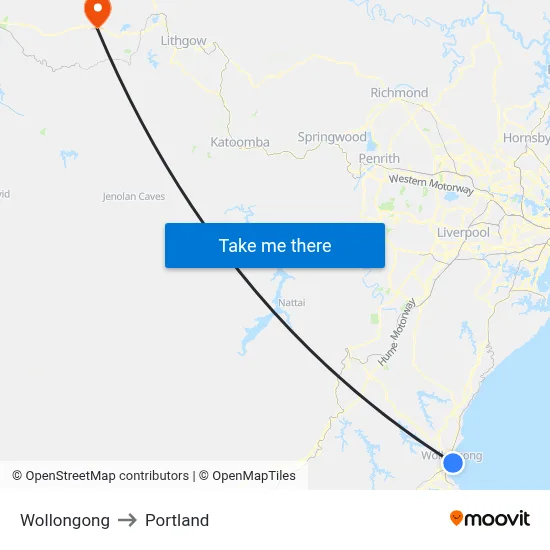 Wollongong to Portland map