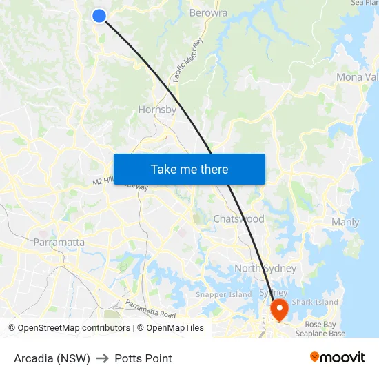 Arcadia (NSW) to Potts Point map