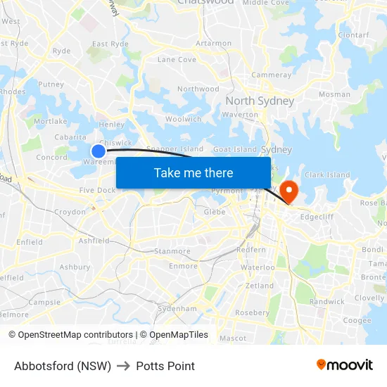 Abbotsford (NSW) to Potts Point map