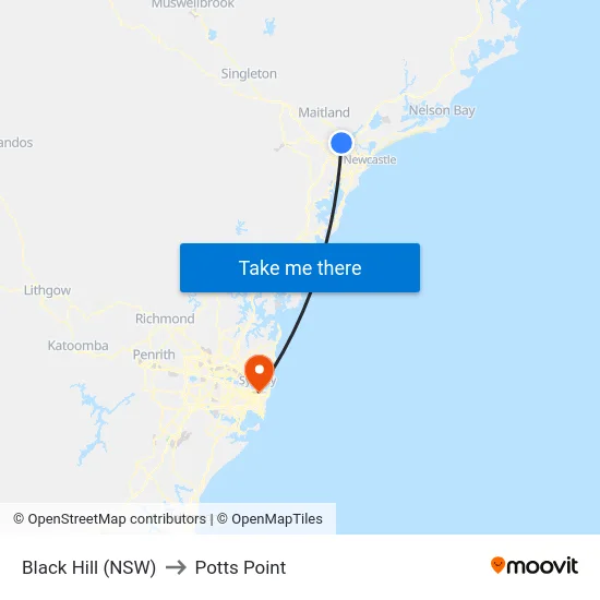 Black Hill (NSW) to Potts Point map