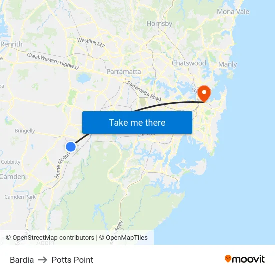 Bardia to Potts Point map