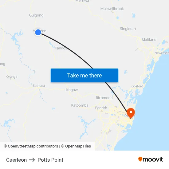 Caerleon to Potts Point map