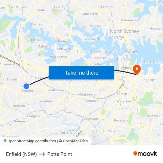 Enfield (NSW) to Potts Point map
