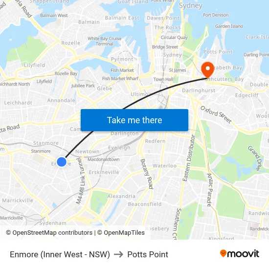 Enmore (Inner West - NSW) to Potts Point map
