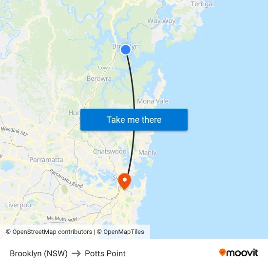 Brooklyn (NSW) to Potts Point map