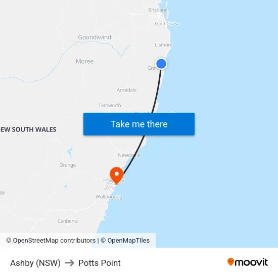 Ashby (NSW) to Potts Point map