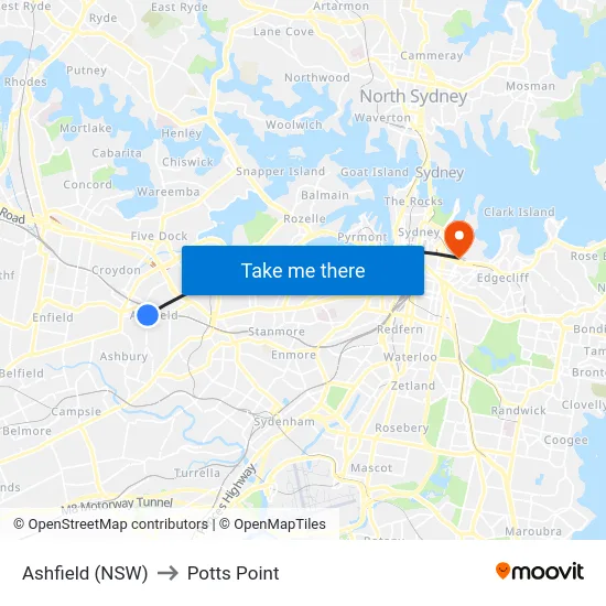 Ashfield (NSW) to Potts Point map