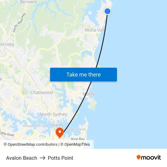 Avalon Beach to Potts Point map