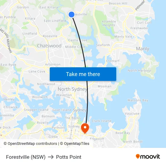 Forestville (NSW) to Potts Point map