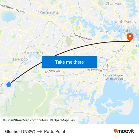 Glenfield (NSW) to Potts Point map