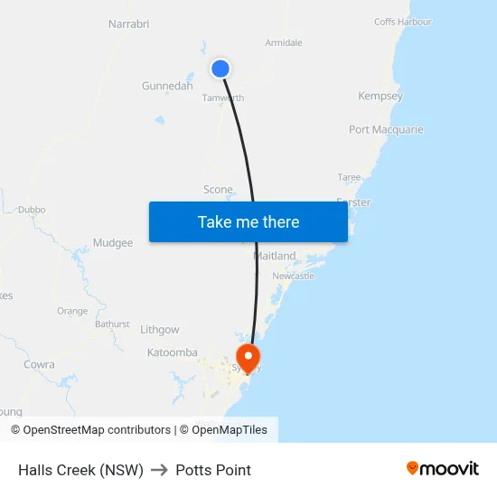 Halls Creek (NSW) to Potts Point map