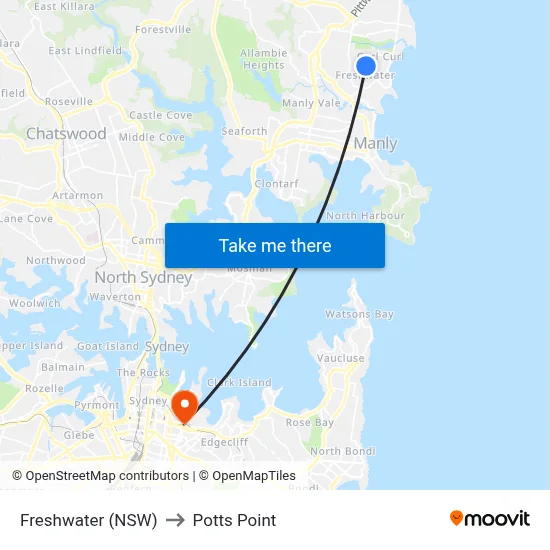 Freshwater (NSW) to Potts Point map