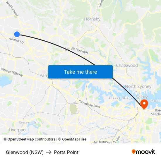 Glenwood (NSW) to Potts Point map