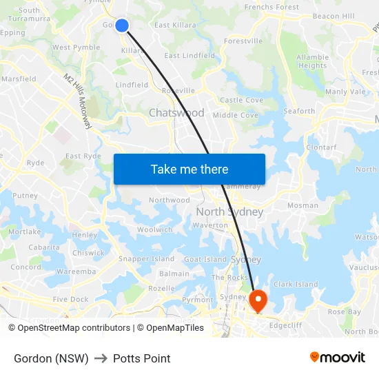 Gordon (NSW) to Potts Point map
