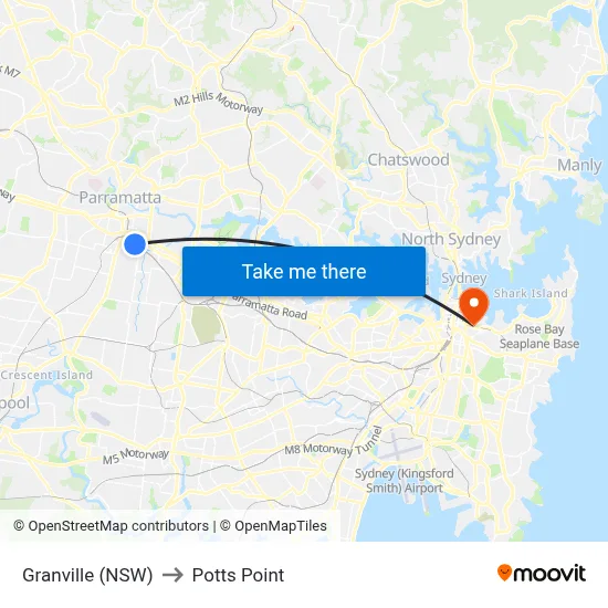 Granville (NSW) to Potts Point map