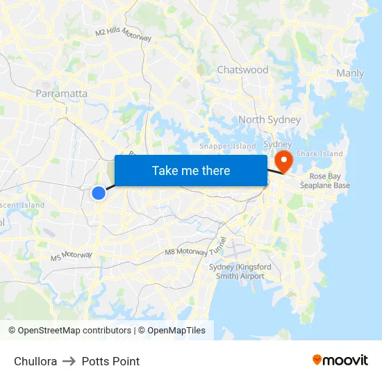 Chullora to Potts Point map