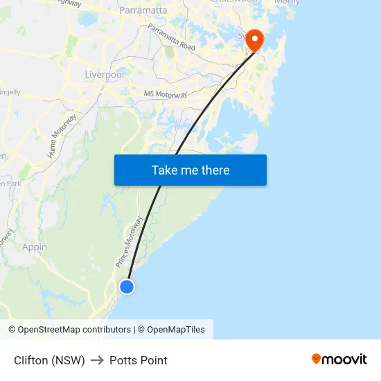 Clifton (NSW) to Potts Point map