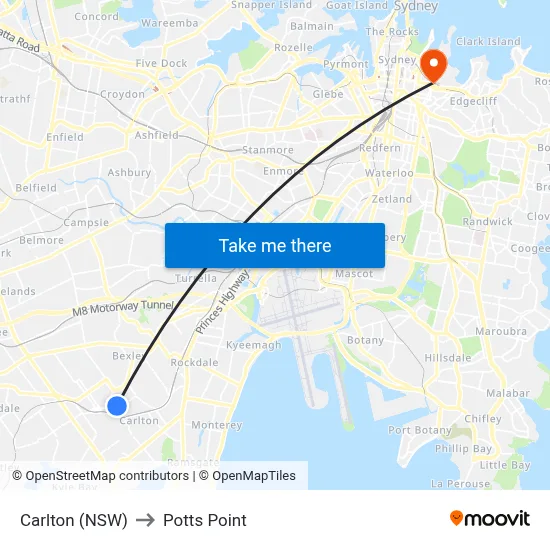 Carlton (NSW) to Potts Point map