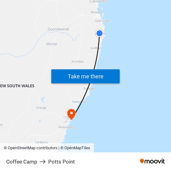 Coffee Camp to Potts Point map