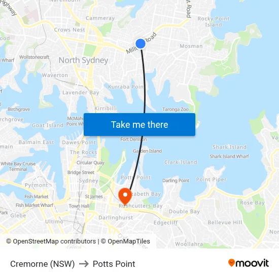 Cremorne (NSW) to Potts Point map