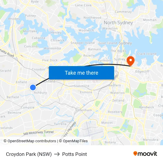 Croydon Park (NSW) to Potts Point map
