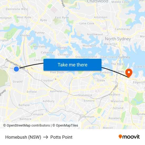 Homebush (NSW) to Potts Point map