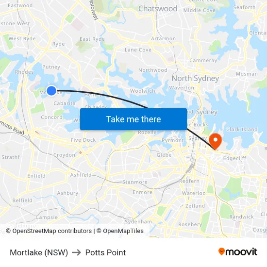 Mortlake (NSW) to Potts Point map