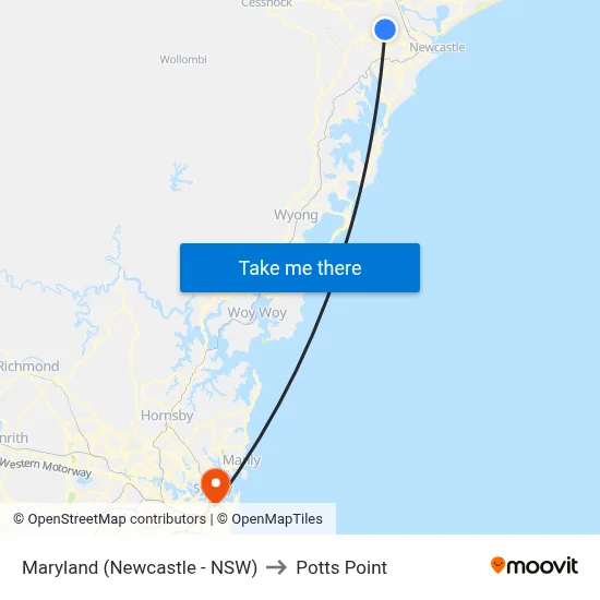 Maryland (Newcastle - NSW) to Potts Point map