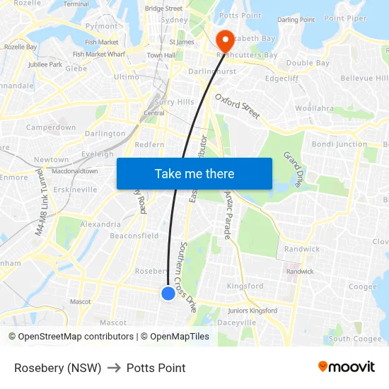 Rosebery (NSW) to Potts Point map