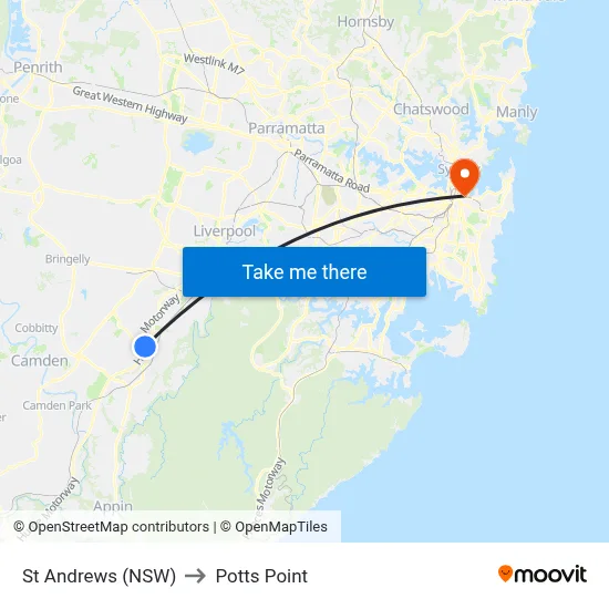 St Andrews (NSW) to Potts Point map