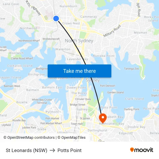 St Leonards (NSW) to Potts Point map