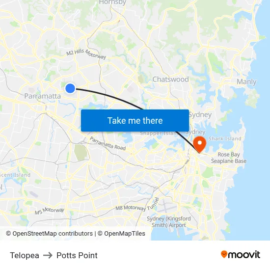 Telopea to Potts Point map