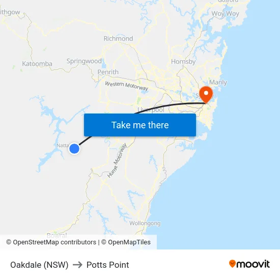 Oakdale (NSW) to Potts Point map