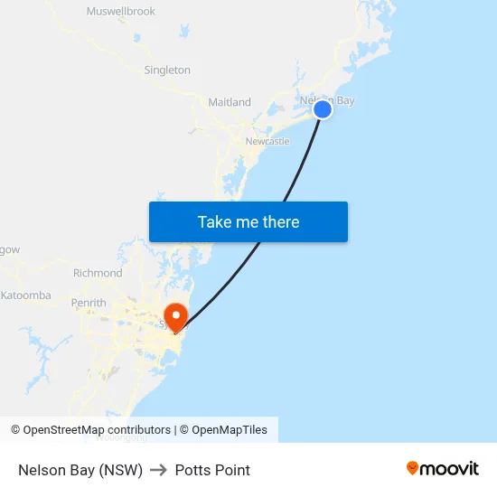 Nelson Bay (NSW) to Potts Point map