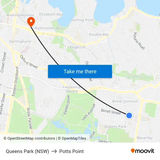 Queens Park (NSW) to Potts Point map