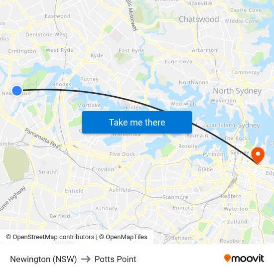 Newington (NSW) to Potts Point map