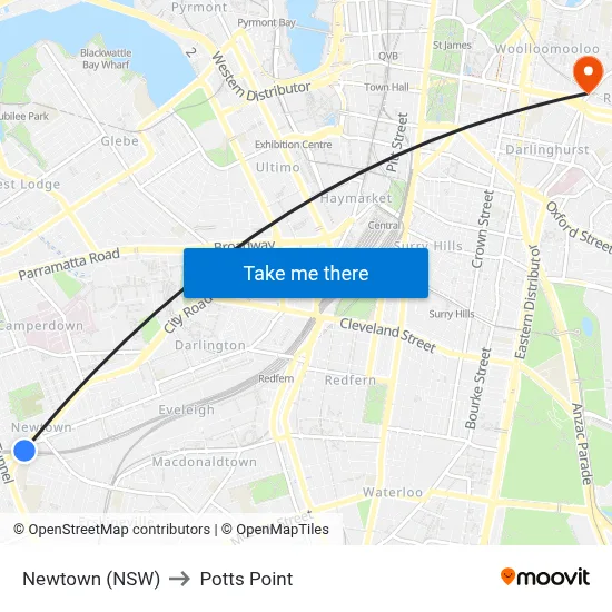 Newtown (NSW) to Potts Point map