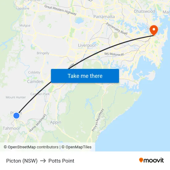 Picton (NSW) to Potts Point map