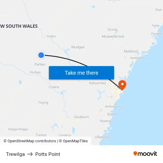 Trewilga to Potts Point map