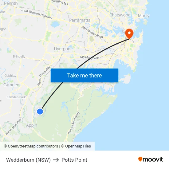 Wedderburn (NSW) to Potts Point map